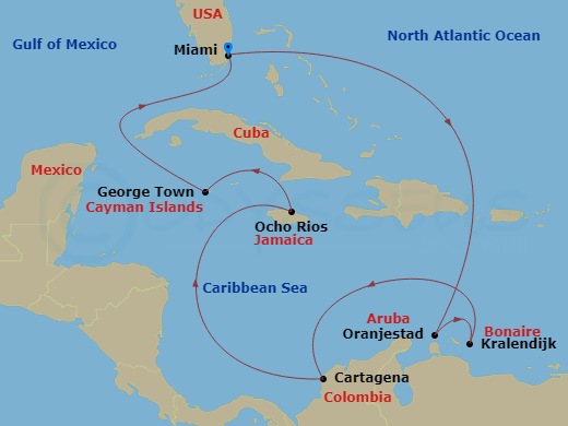 Brilliant Lady - 11 Night - Aruba, Bonaire, Colombia, Jamaica & More - Brilliant Lady - Starting in Miami, Oranjestad, Aruba, Kralendijk, Bonaire, Cartagena CO, Ocho Rios, Jam.. itinerary map