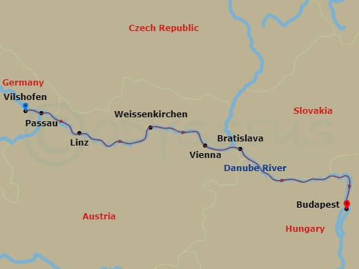 AmaSonata - 7 Night - Romantic Danube (Festive Delights) - AmaSonata - Starting in Vilshofen, Passau, Linz, Weissenkirchen, Vienna, Bratislava, Vienna, Budapest itinerary map