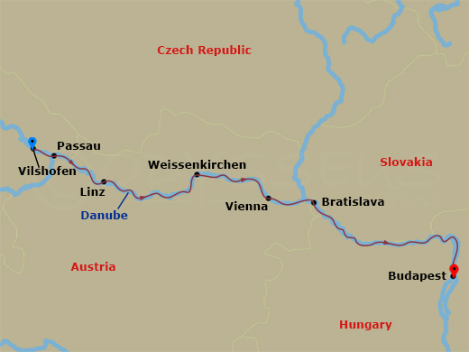 AmaSonata - 7 Night - Romantic Danube - AmaSonata - Starting in Vilshofen, Passau, Linz, Scenic Cruising, Weissenkirchen, Vienna, Bratislava, Budapest itinerary map