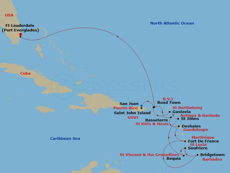 Silver Ray - 14 Night - San Juan to Fort Lauderdale - Silver Ray - Starting in San Juan, St John VI, Gustavia, St Barthelemy, St Johns, Bequia, Soufriere, St Lucia, Bridge.. itinerary map