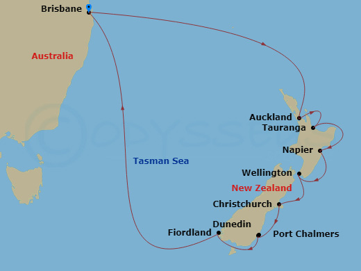 Crown Princess - 14 Night - New Zealand - Crown Princess - Starting in Brisbane, Australia, Auckland, New Zealand, Tauranga, New Zealand, Napier, New Zealand, Wellington, New.. itinerary map