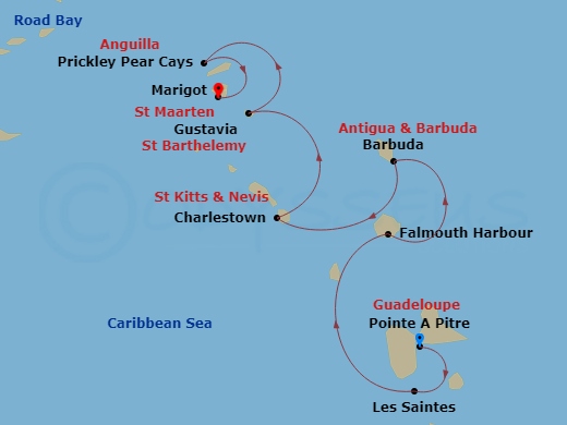 Le Ponant - 7 Night - History and Culture Visiting Caribbean Jewels - Le Ponant - Starting in Pointe-a-Pitre, Les Saintes, Falmouth Bay, Barbuda, Charlestown, Nevis, Gust.. itinerary map