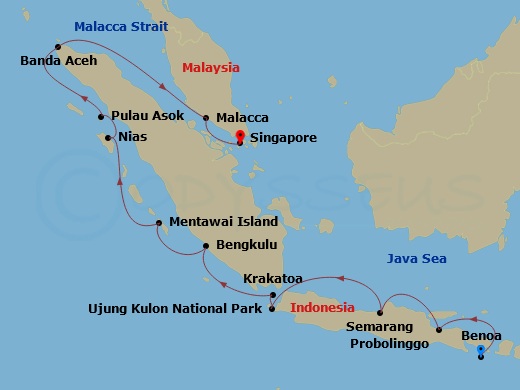 Le Jacques Cartier - 14 Night - Islands, Cities and Volcanoes of Indonesia - Le Jacques Cartier - Starting in Benoa, Bali, Probolinggo, Java, Semarang, Ujung Kulon National Park,.. itinerary map
