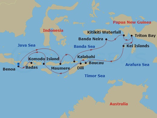 Le Jacques Cartier - 15 Night - Island Treasures of Indonesia and East Timor - Le Jacques Cartier - Starting in Benoa, Bali, Maumere, Flores, Kalabahi, Alor, Banda Neira, Maluku I.. itinerary map