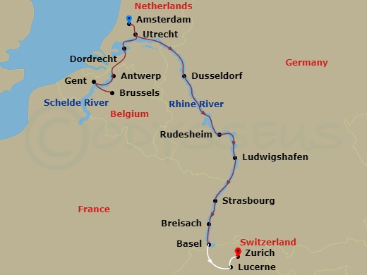 AmaStella Cruise Tours - 20 Night - Grand Rhine & Dutch Canals with Amsterdam Pre-Cruise and Lake Lucerne, Zurich, Switzerland - AmaStella Cruise Tours - Starting in Amsterdam, Utrech.. itinerary map