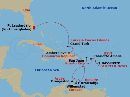 Grand Princess - 11 Night - Southern Caribbean Islander - Grand Princess - Starting in San Juan, Puerto Rico, St Thomas, US Virgin Islands, St Kitts, Aruba, Curacao, Bonaire,.. itinerary map