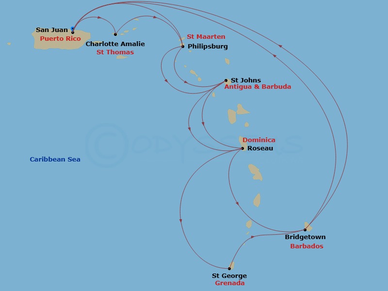 Grand Princess - 14 Night - Southern Caribbean Adventurer - Grand Princess - Starting in San Juan, Puerto Rico, St Thomas, US Virgin Islands, St Maarten, Antigua, Dominica, Ba.. itinerary map