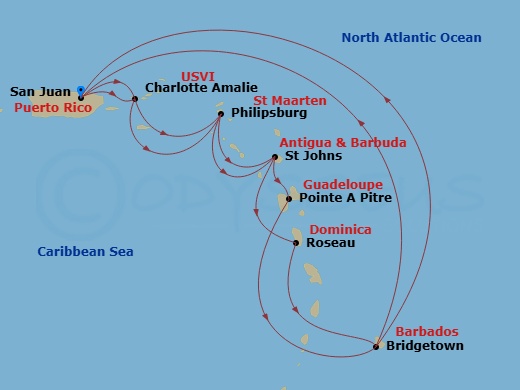 Grand Princess - 14 Night - Southern Caribbean Adventurer - Grand Princess - Starting in San Juan, Puerto Rico, St Thomas, US Virgin Islands, St Maarten, Antigua, Dominica, Ba.. itinerary map