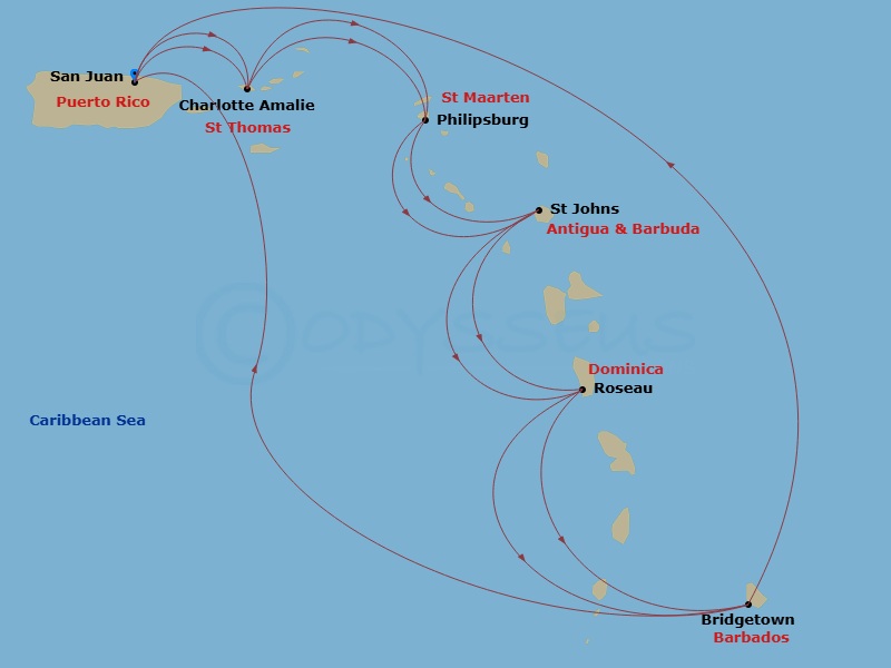 Grand Princess - 14 Night - Southern Caribbean Adventurer - Grand Princess - Starting in San Juan, Puerto Rico, St Thomas, US Virgin Islands, St Maarten, Antigua, Dominica, Ba.. itinerary map