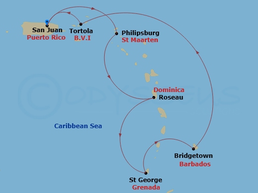Grand Princess - 7 Night - Southern Caribbean with Barbados and Antigua - Grand Princess - Starting in San Juan, Puerto Rico, St Maarten, Dominica, Grenada, Barbados, Tortola,.. itinerary map