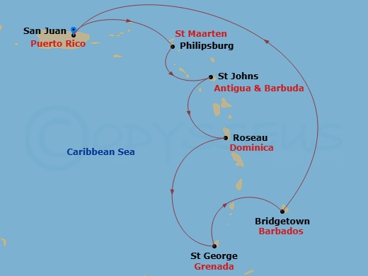 Grand Princess - 7 Night - Southern Caribbean with Barbados and Antigua - Grand Princess - Starting in San Juan, Puerto Rico, St Maarten, Antigua, Dominica, Grenada, Barbados,.. itinerary map