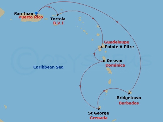 Grand Princess - 7 Night - Southern Caribbean with Barbados and Antigua Holiday - Grand Princess - Starting in San Juan, Puerto Rico, Tortola, British Virgin Islands, Guadelou.. itinerary map