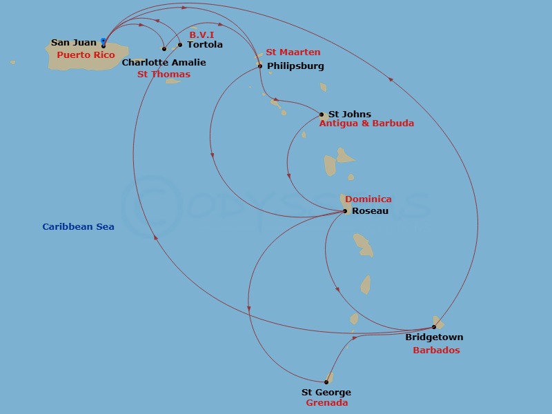 Grand Princess - 14 Night - Southern Caribbean Adventurer - Grand Princess - Starting in San Juan, Puerto Rico, St Thomas, US Virgin Islands, St Maarten, Antigua, Dominica, Ba.. itinerary map