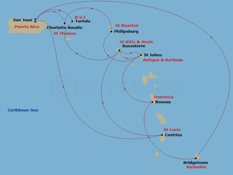 Grand Princess - 14 Night - Southern Caribbean Adventurer - Grand Princess - Starting in San Juan, Puerto Rico, Tortola, British Virgin Islands, St Kitts, Antigua, Dominica, B.. itinerary map