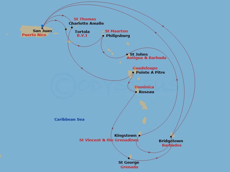 Grand Princess - 14 Night - Southern Caribbean Adventurer - Grand Princess - Starting in San Juan, Puerto Rico, Tortola, British Virgin Islands, Guadeloupe (Pointe-a-Pitre), D.. itinerary map
