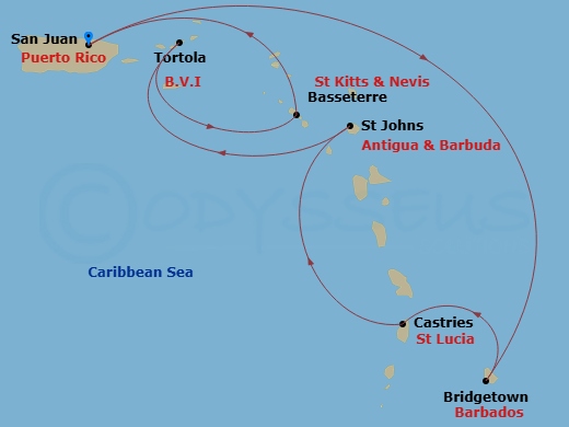 Grand Princess - 7 Night - Southern Caribbean with Barbados and St. Lucia - Grand Princess - Starting in San Juan, Puerto Rico, Barbados, St Lucia, Antigua, Tortola, British V.. itinerary map