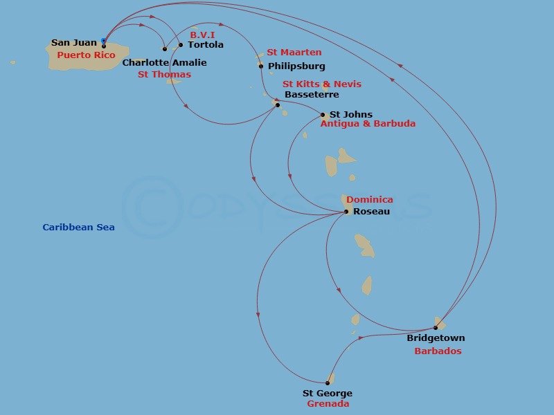 Grand Princess - 14 Night - Southern Caribbean Adventurer - Grand Princess - Starting in San Juan, Puerto Rico, Tortola, British Virgin Islands, St Kitts, Dominica, Grenada, B.. itinerary map