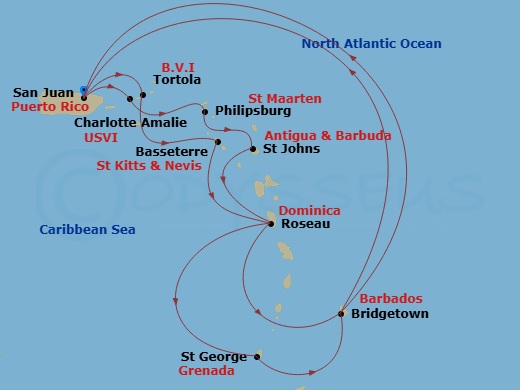 Grand Princess - 14 Night - Southern Caribbean Adventurer - Grand Princess - Starting in San Juan, Puerto Rico, St Thomas, US Virgin Islands, St Maarten, Antigua, Dominica, Ba.. itinerary map