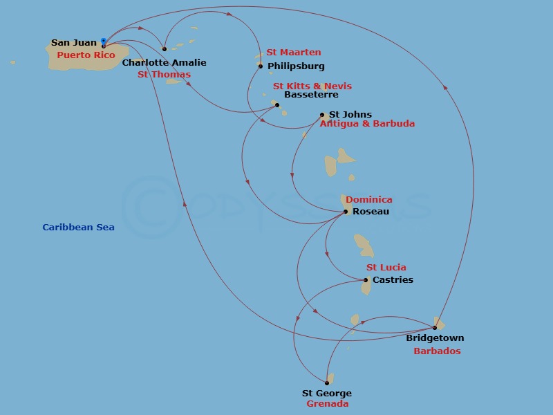 Grand Princess - 14 Night - Southern Caribbean Adventurer - Grand Princess - Starting in San Juan, Puerto Rico, St Kitts, Dominica, St Lucia, Grenada, Barbados, San Juan, Puer.. itinerary map