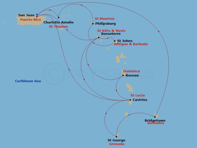 Grand Princess - 14 Night - Southern Caribbean Adventurer - Grand Princess - Starting in San Juan, Puerto Rico, St Thomas, US Virgin Islands, St Maarten, Antigua, St Kitts, St.. itinerary map