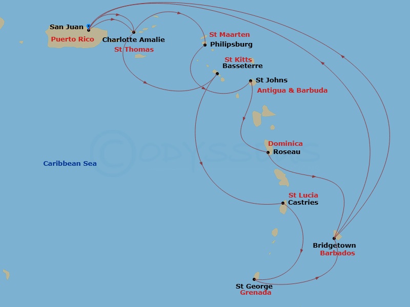 Grand Princess - 14 Night - Southern Caribbean Adventurer - Grand Princess - Starting in San Juan, Puerto Rico, St Thomas, US Virgin Islands, St Kitts, St Lucia, Grenada, Barb.. itinerary map