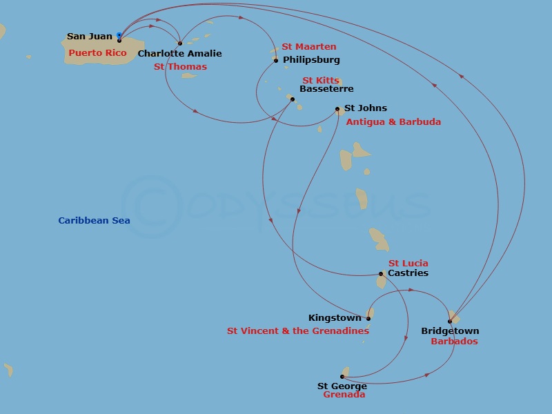 Grand Princess - 14 Night - Southern Caribbean Adventurer - Grand Princess - Starting in San Juan, Puerto Rico, St Thomas, US Virgin Islands, St Maarten, Antigua, St Vincent,.. itinerary map