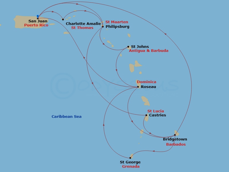 Grand Princess - 14 Night - Southern Caribbean Adventurer - Grand Princess - Starting in San Juan, Puerto Rico, St Maarten, St Lucia, Barbados, Grenada, Dominica, San Juan, Pu.. itinerary map