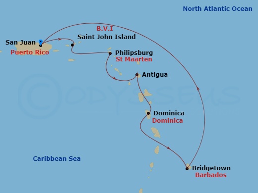 Grand Princess - 7 Night - Southern Caribbean with Barbados and Antigua - Grand Princess - Starting in San Juan, Puerto Rico, St Thomas, US Virgin Islands, St Maarten, Antigua.. itinerary map