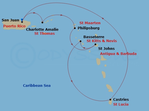 Grand Princess - 7 Night - Southern Caribbean with Antigua and St. Kitts - Grand Princess - Starting in San Juan, Puerto Rico, St Thomas, US Virgin Islands, St Maarten, Antigu.. itinerary map