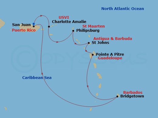 Grand Princess - 7 Night - Southern Caribbean with Barbados and Antigua - Grand Princess - Starting in San Juan, Puerto Rico, St Thomas, US Virgin Islands, St Maarten, Antigua.. itinerary map