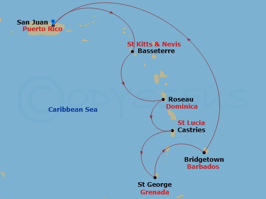 Grand Princess - 7 Night - Southern Caribbean with Barbados and St. Kitts - Grand Princess - Starting in San Juan, Puerto Rico, St Kitts, Dominica, St Lucia, Grenada, Barbados.. itinerary map