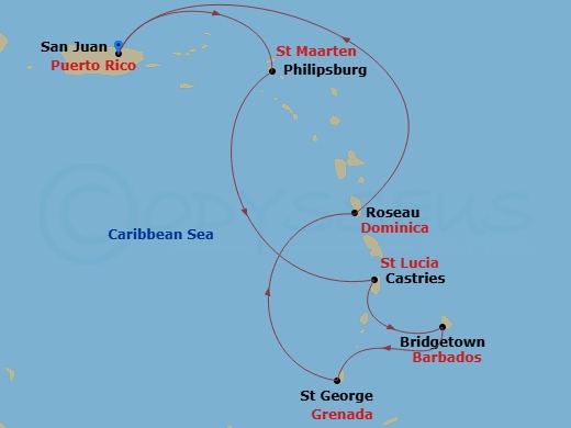 Grand Princess - 7 Night - Southern Caribbean with Barbados and St. Lucia Holiday - Grand Princess - Starting in San Juan, Puerto Rico, St Maarten, St Lucia, Barbados, Grenada.. itinerary map