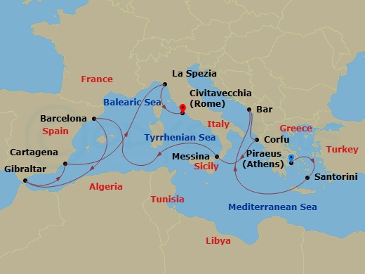 Sun Princess - 14 Night - Mediterranean with Total Solar Eclipse - Sun Princess - Starting in Athens (Piraeus), Greece, Santorini, Greece, Montenegro, Corfu, Greece, Sicily.. itinerary map