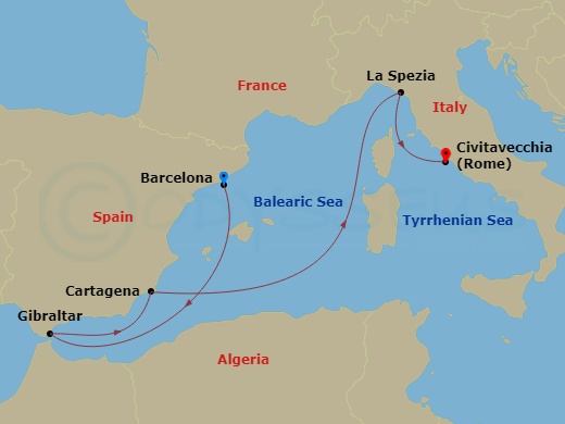 Sun Princess - 7 Night - Mediterranean with Total Solar Eclipse - Sun Princess - Starting in Barcelona, Spain, Gibraltar, Cartagena ES, La Spezia (for Florence / Pisa), Ital.. itinerary map