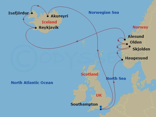 Majestic Princess - 14 Night - Iceland & Norway - Majestic Princess - Starting in Southampton (for London), England, Haugesund, Norway, Skjolden / Sognefjord, Norway, Olden, Norw.. itinerary map
