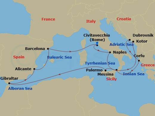 Enchanted Princess - 14 Night - Mediterranean & Adriatic with Total Solar Eclipse - Enchanted Princess - Starting in Civitavecchia (for Rome), Italy, Naples, Italy (for Capri and.. itinerary map