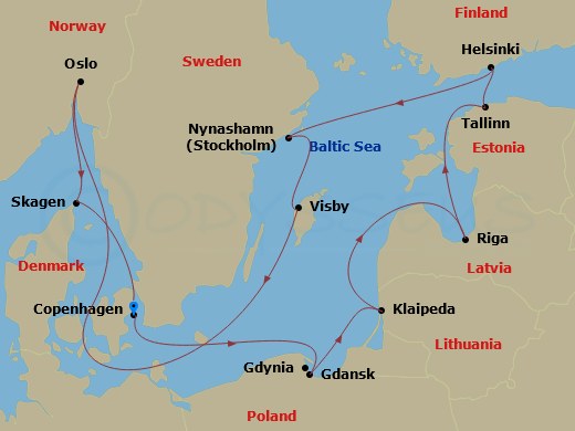 Sapphire Princess - 12 Night - Norway, Denmark & Sweden - Sapphire Princess - Starting in Copenhagen, Denmark, Gdansk (Gdynia), Poland, Klaipeda, Lithuania, Riga, Latvia, Tallinn.. itinerary map