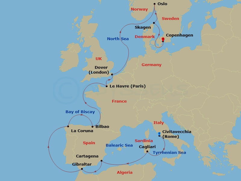 Sapphire Princess - 14 Night - European Explorer - Sapphire Princess - Starting in Civitavecchia (for Rome), Italy, Sardinia (Cagliari), Italy, Cartagena ES, Gibraltar, La Coruna.. itinerary map