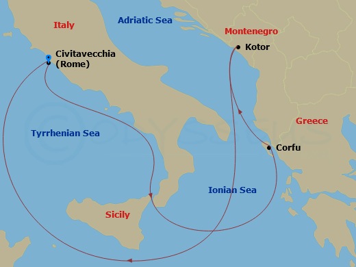 Enchanted Princess - 5 Night - Greece & Adriatic Sampler - Enchanted Princess - Starting in Civitavecchia (for Rome), Italy, Kotor, Montenegro, Corfu, Greece, Civitavecchia (for R.. itinerary map
