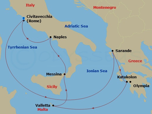 Sapphire Princess - 7 Night - Mediterranean with Greece & Italy - Sapphire Princess - Starting in Civitavecchia (for Rome), Italy, Sarande, Albania, Katakolon (for Olympia), Gree.. itinerary map
