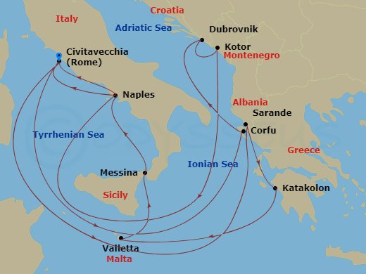 Sapphire Princess - 14 Night - Mediterranean with Greece, Italy & Croatia - Sapphire Princess - Starting in Civitavecchia (for Rome), Italy, Corfu, Greece, Dubrovnik, Croatia, Ko.. itinerary map