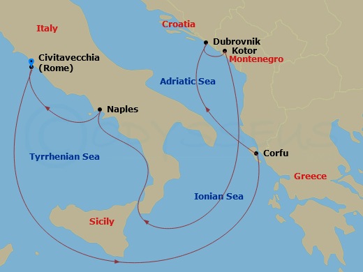 Sapphire Princess - 7 Night - Mediterranean with Greece & Italy - Sapphire Princess - Starting in Civitavecchia (for Rome), Italy, Corfu, Greece, Dubrovnik, Croatia, Kotor, Monte.. itinerary map