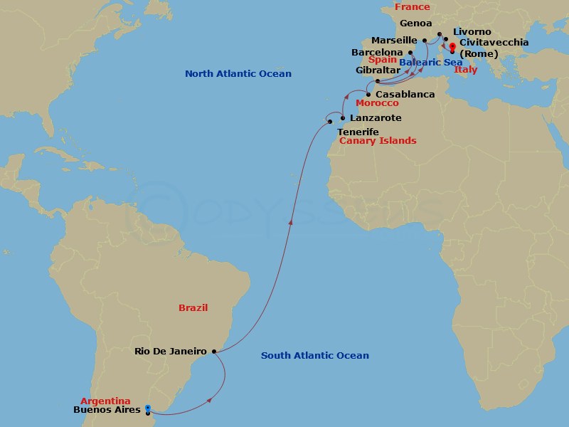 Sapphire Princess - 25 Night - South America & Mediterranean Grand Adventure - Sapphire Princess - Starting in Buenos Aires, Argentina, Rio De Janeiro, Brazil, Santa Cruz de Tene.. itinerary map