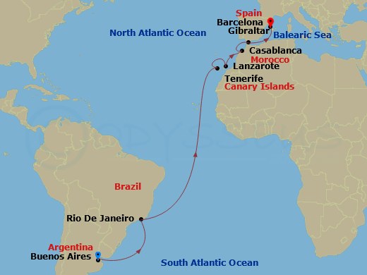 Sapphire Princess - 18 Night - South American Passage - Sapphire Princess - Starting in Buenos Aires, Argentina, Rio De Janeiro, Brazil, Santa Cruz de Tenerife, Lanzarote (Arreci.. itinerary map