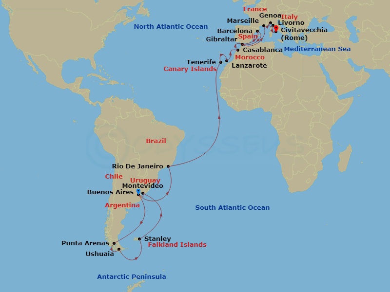 Sapphire Princess - 42 Night - Ultimate Antarctica & Mediterranean Adventure - Sapphire Princess - Starting in Buenos Aires, Argentina, Punta Arenas, Chile, Ushuaia (Tierra del F.. itinerary map