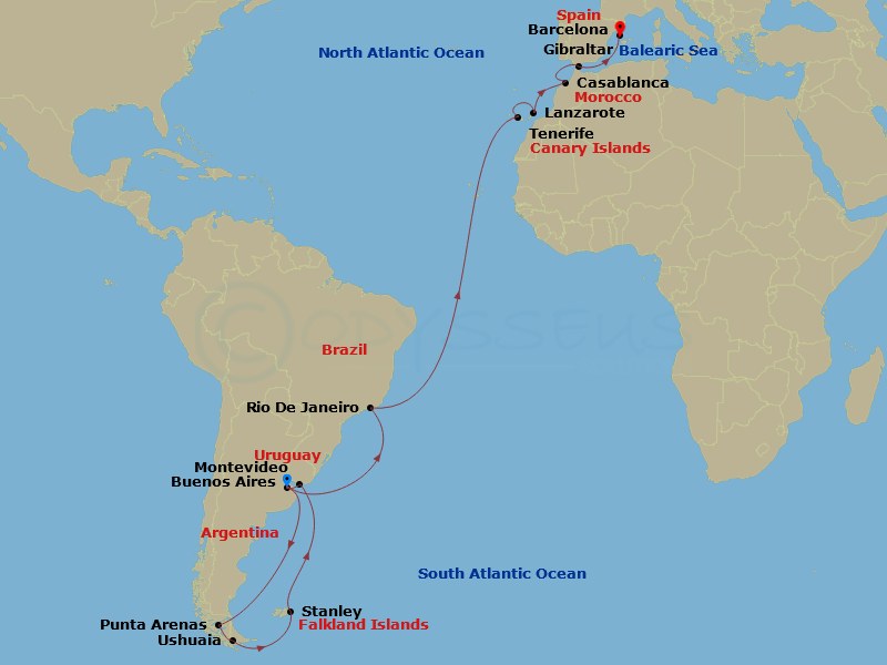 Sapphire Princess - 35 Night - Antarctica & South American Grand Adventure - Sapphire Princess - Starting in Buenos Aires, Argentina, Punta Arenas, Chile, Ushuaia (Tierra del Fue.. itinerary map