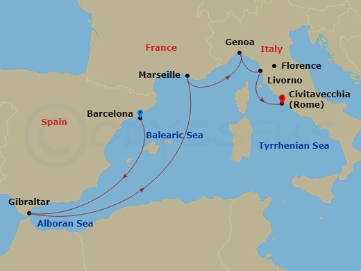 Sapphire Princess - 7 Night - Mediterranean with France & Italy - Sapphire Princess - Starting in Barcelona, Spain, Gibraltar, Marseille (Provence), France, Genoa (for Cinque Ter.. itinerary map