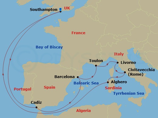 Sky Princess - 14 Night - Mediterranean Adventurer - Sky Princess - Starting in Southampton (for London), England, Seville (Cadiz), Spain, Barcelona, Spain, Toulon / Provenc.. itinerary map