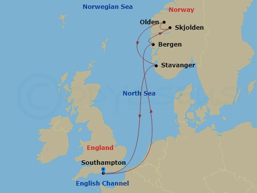 Sky Princess - 7 Night - Norwegian Fjords - Sky Princess - Starting in Southampton (for London), England, Bergen, Norway, Skjolden / Sognefjord, Norway, Olden, Norway, Stava.. itinerary map