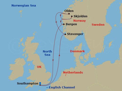 Sky Princess - 7 Night - Norwegian Fjords - Sky Princess - Starting in Southampton (for London), England, Stavanger, Norway, Olden, Norway, Skjolden / Sognefjord, Norway, Be.. itinerary map